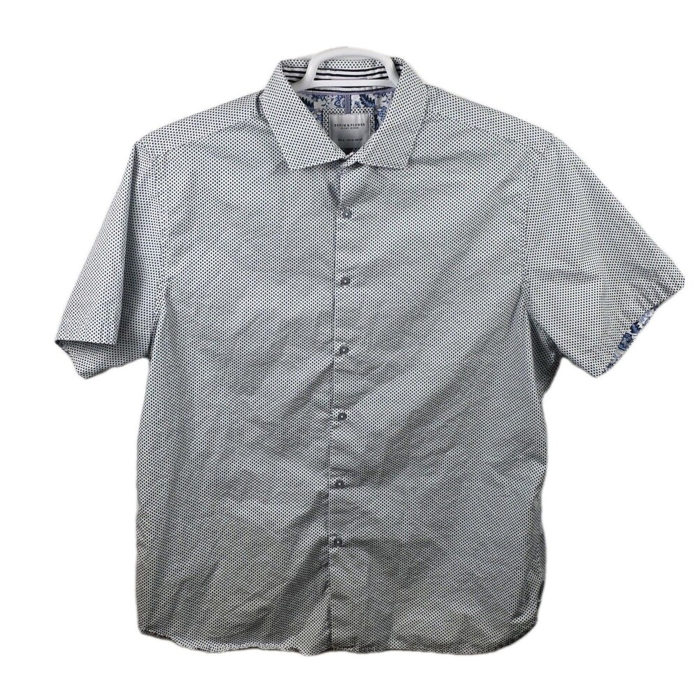 Denim &‎ Flower Men's XL White with Blue Flower Pattern Short Sleeve Shirt